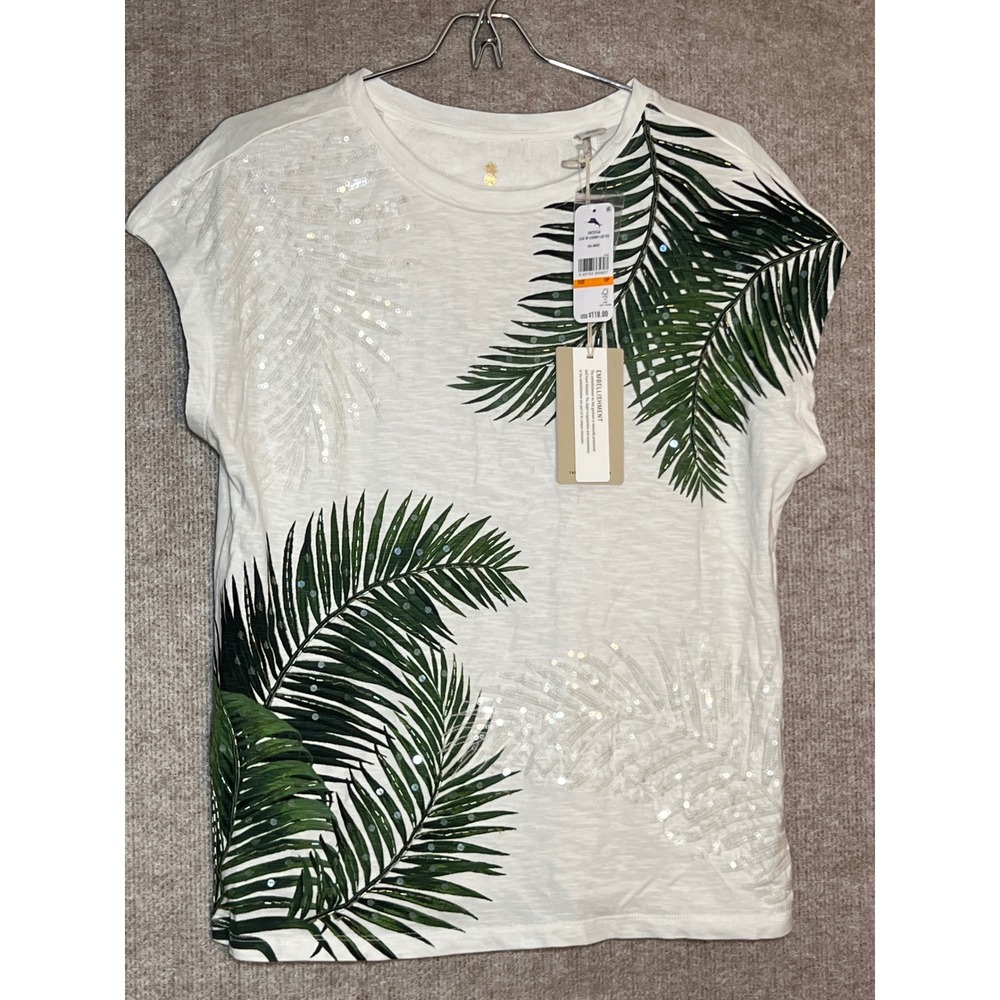 Tommy Bahama Leaf Of Luxury Lux Tee Women S White Palm Sequin Tropical Resort